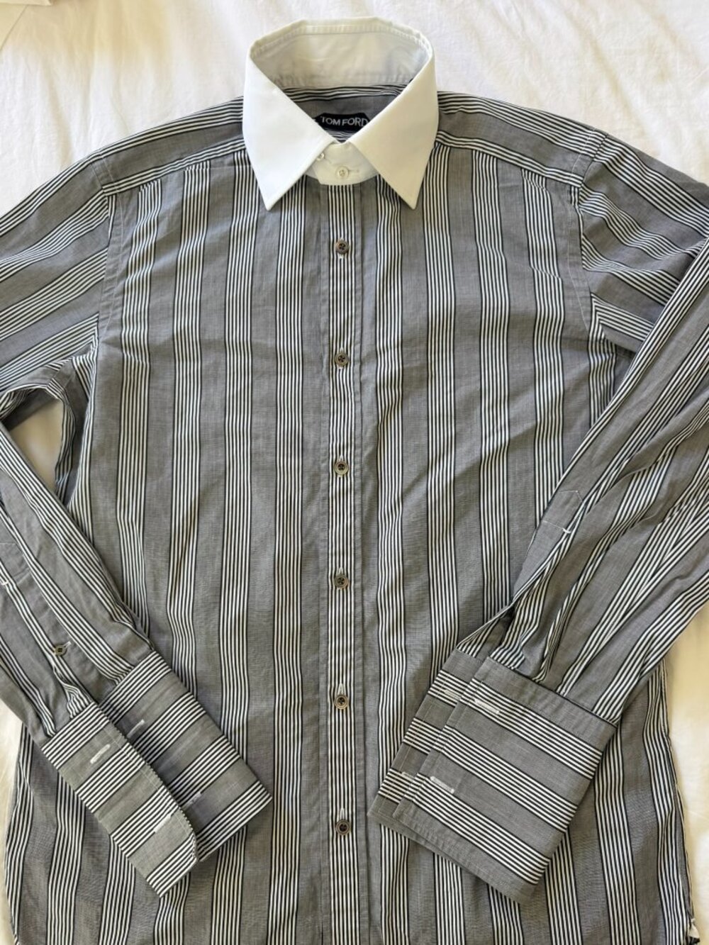 Tom Ford Black & White Striped Contrast Collar Shirt, Size 16